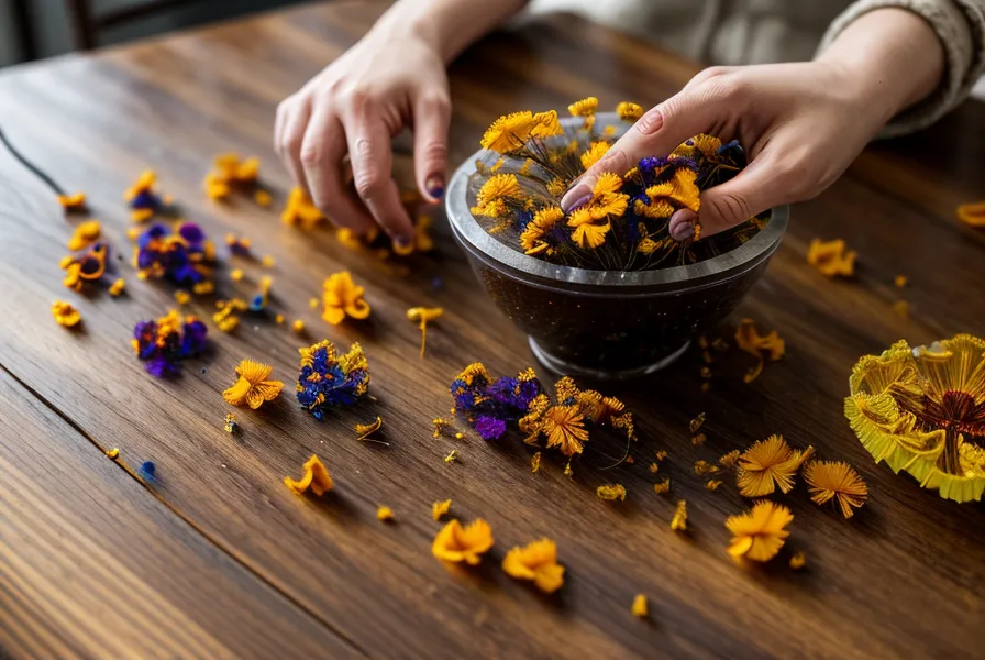 Mesa de trabajo con moldes de silicona y flores secas para proyectos de resina