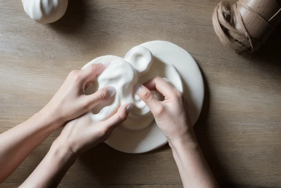 Manos amasando arcilla polimérica blanca sobre una mesa de madera.