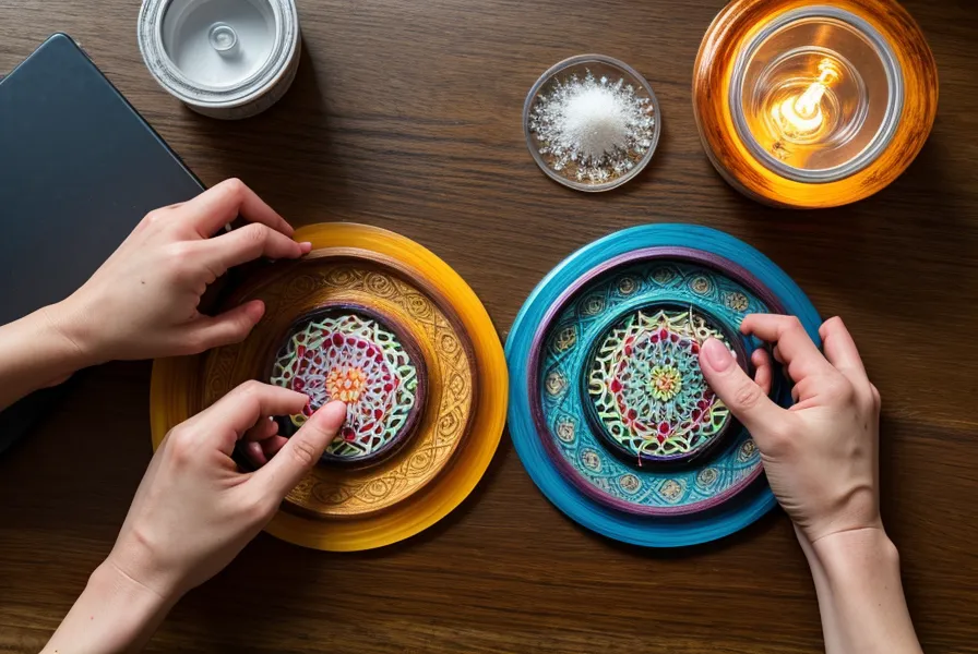 Paleta de pinturas acrílicas y herramientas de punteado de varios tamaños para mandalas sobre resina