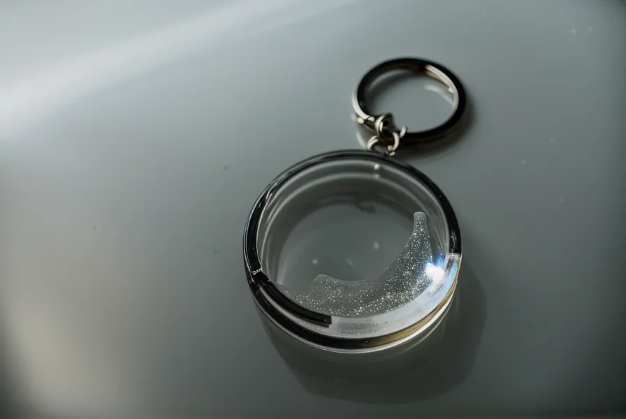 Llavero de resina con burbujas y sticker mal pegado como ejemplo de error