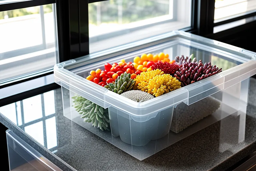 Caja de plástico transparente usada como estación de curado cerca de una ventana abierta.