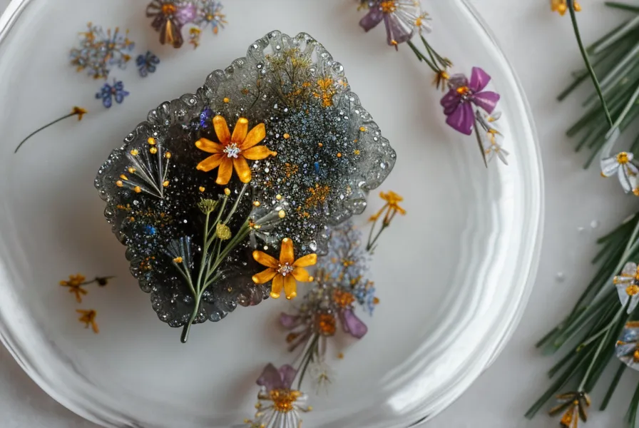 Pieza de resina terminada con flores encapsuladas después de un proceso de curado seguro.